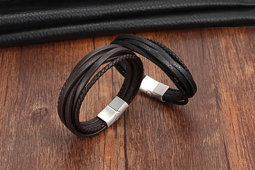 Title 8, Pulseira de couro de aço inoxidável de moda
