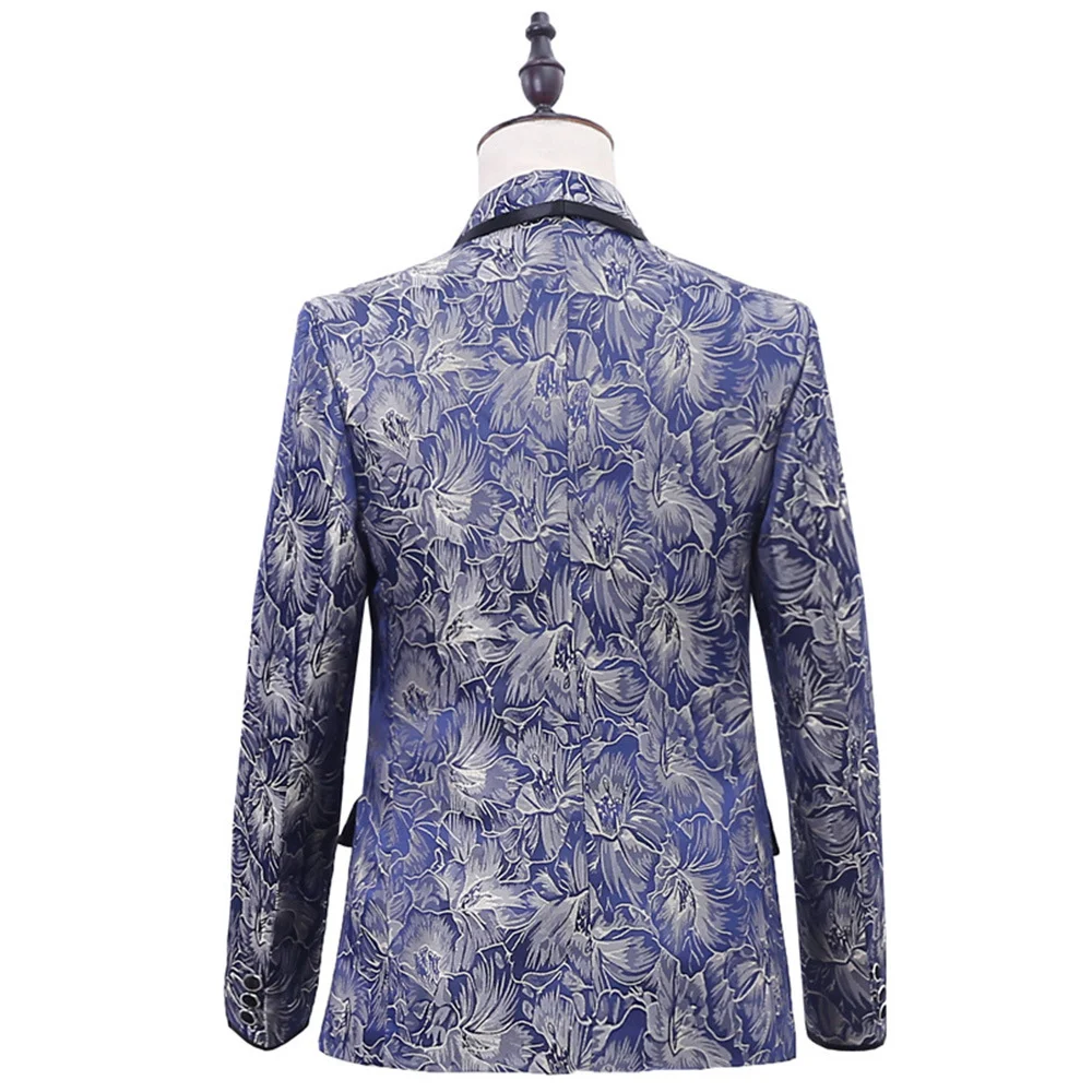 Terno azul brocado para noivo, um botão, gola verde fruta com borda preta, terno britânico masculino de duas peças. — foto 1