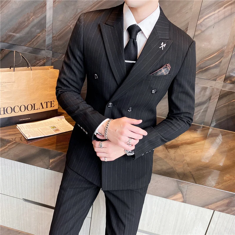 Title 4, Mens Business Casual Double Breasted Striped S...