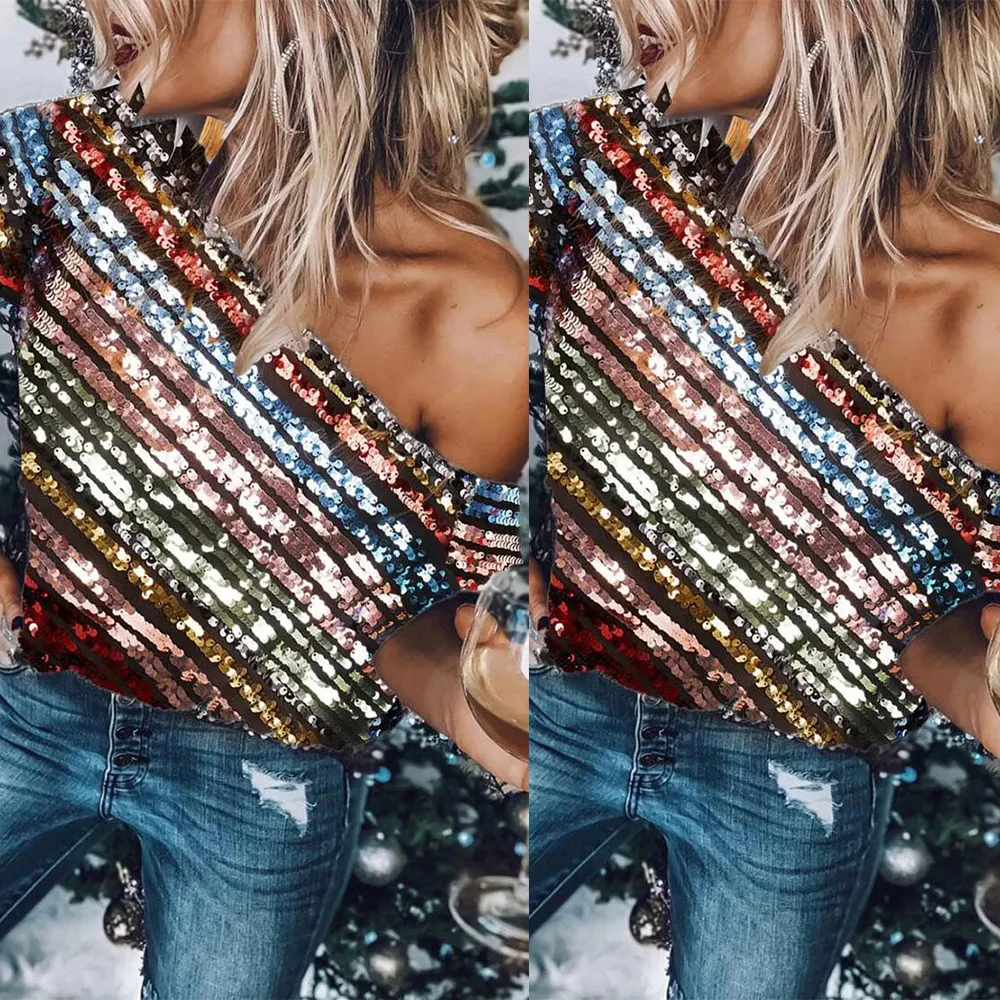 Title 3, Lady Sexy Oblique Shoulder Color Sequined Top