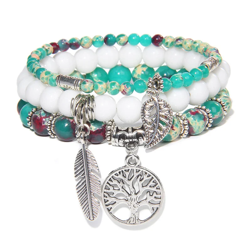 Pulseira Combinada Feminina de Contas Naturais com Pingente Árvore da Vida Turquesa Estilo & Elegância Jóias — foto 4