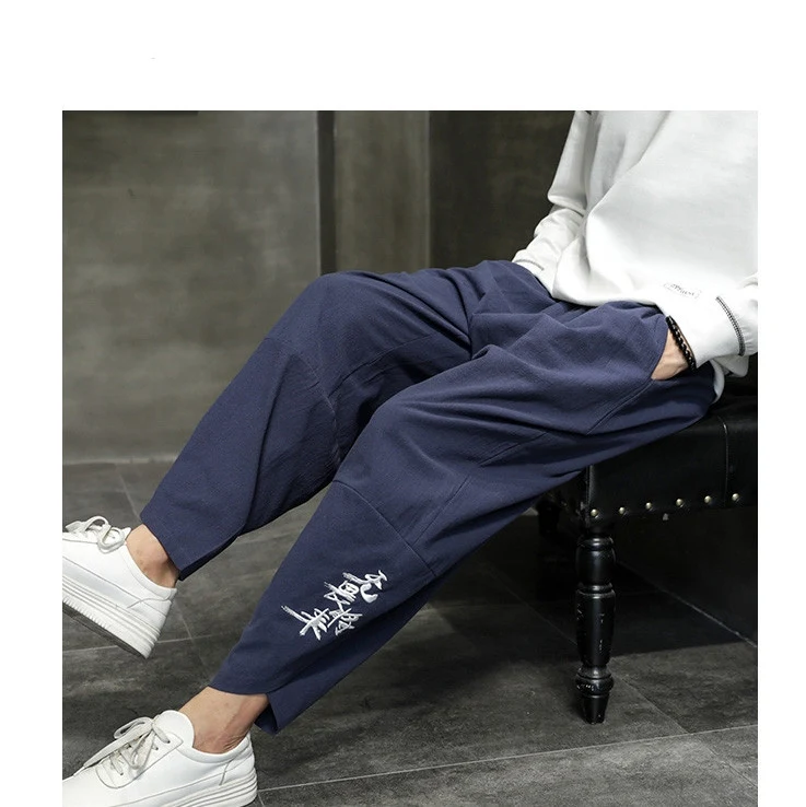 New Chinese Style Men's Cotton and Linen Loose Text Embroidery Casual Pants, Plus Size Trousers, perfect for comfort and — photo 2