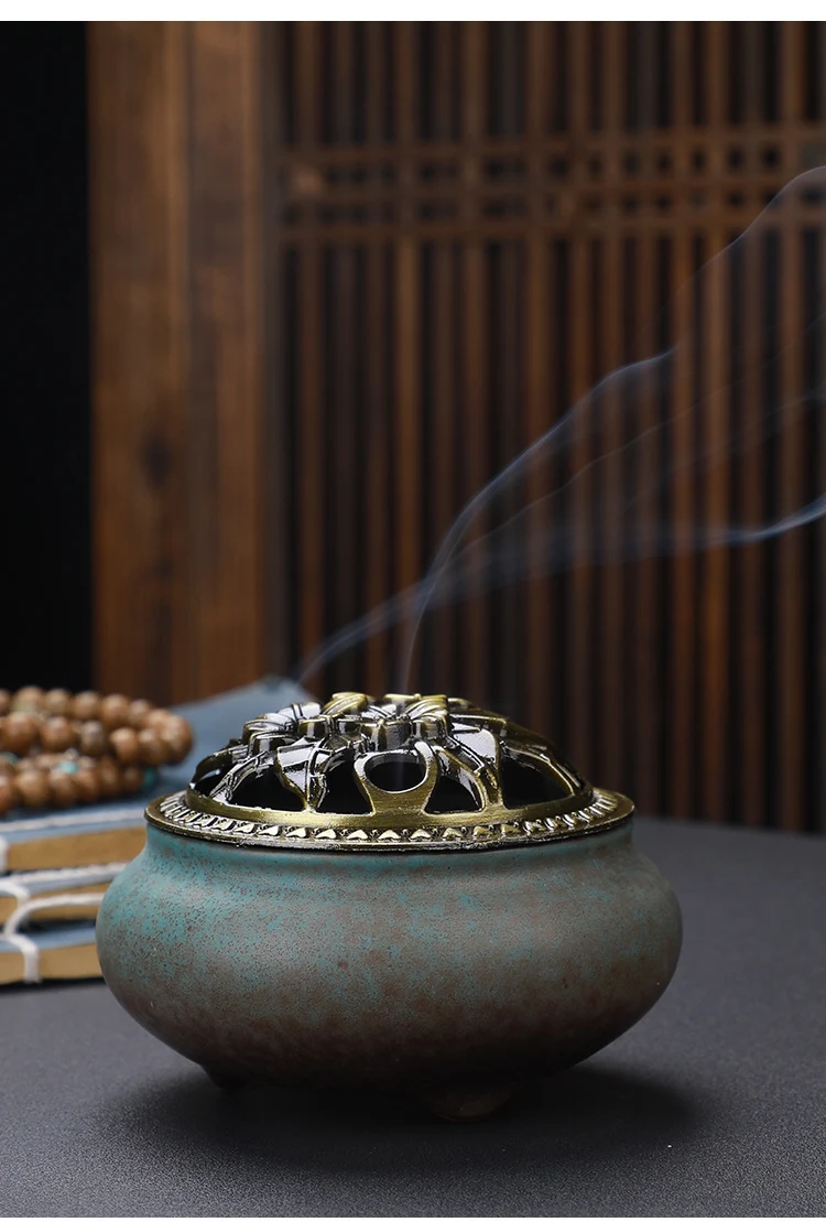 Title 8, Copper Lid Ceramic Incense Burner Buddha with A...