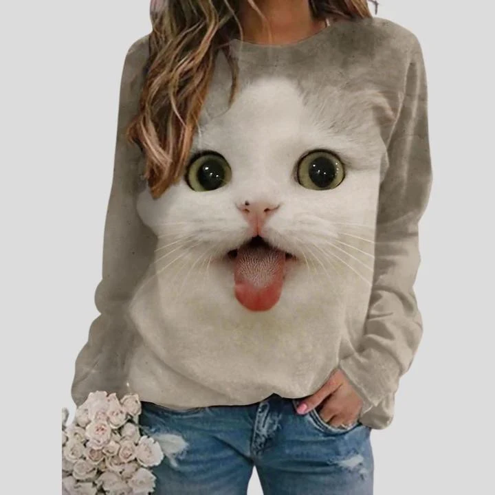 Moletom pulôver de manga comprida com estampa animal gato redondo — foto 1