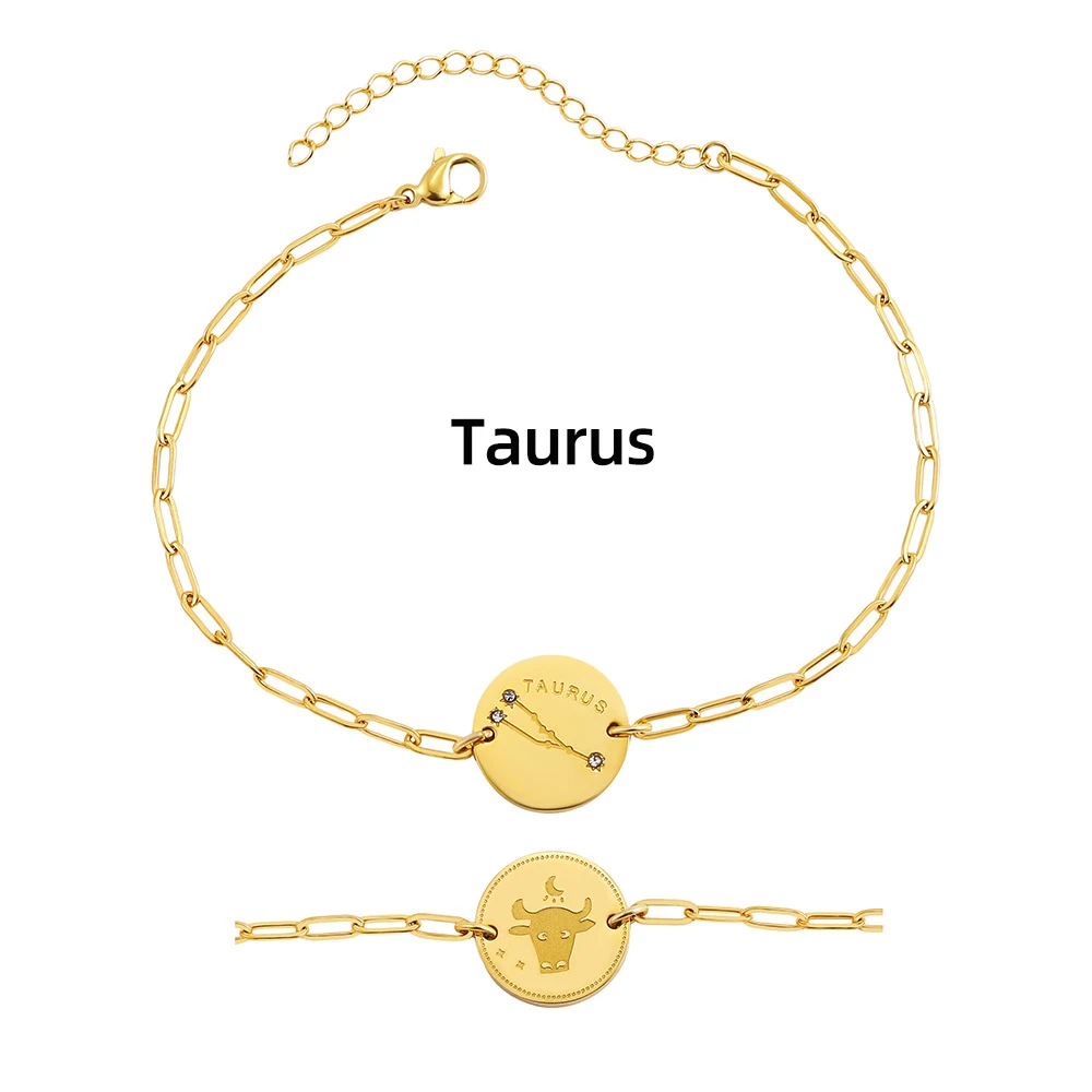 Pulseira de aço titânio e ouro 18K, placa redonda, constelações com diamantes, elegância estelar. — foto 10