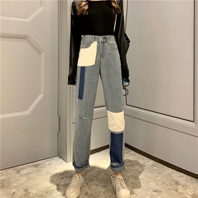 Pantalones rectos de mezclilla holgados para mujer Costuras sueltas Comodidad y estilo para un look casual y moderno. Perfectos para el día a día. — foto 1