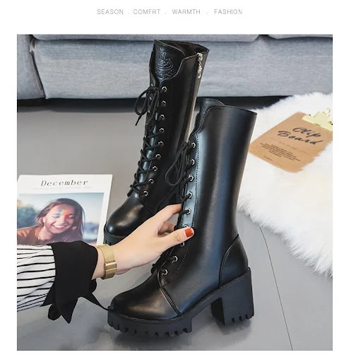 Title 5, Womens thick bottom lace-up booties, mid-tube ...