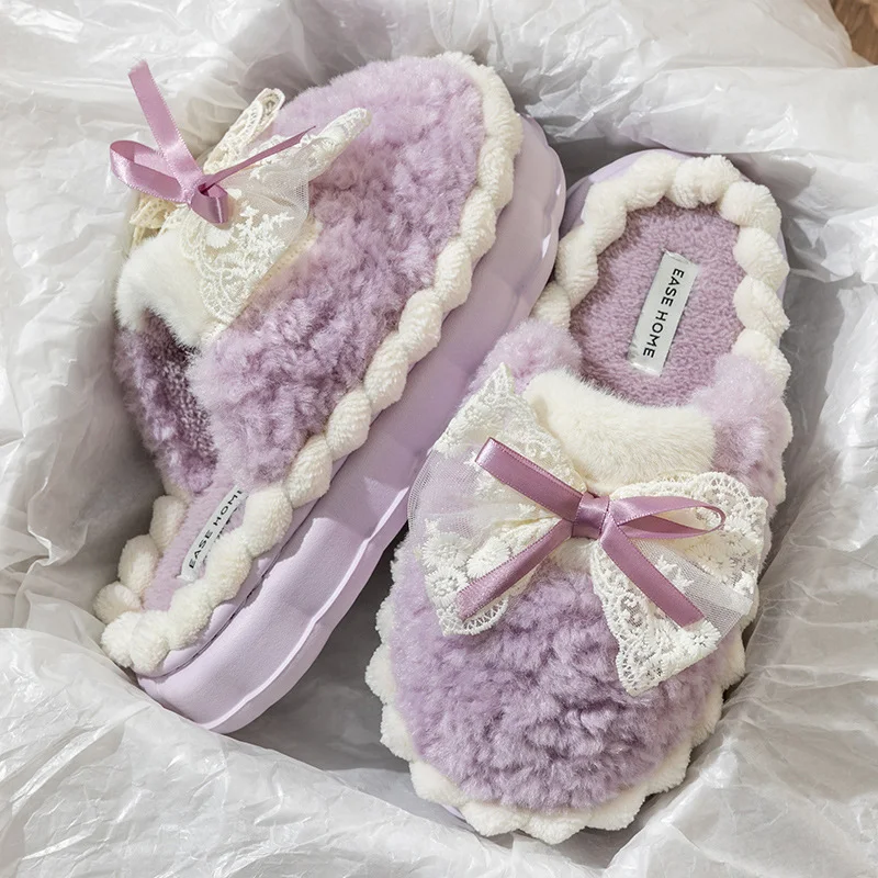 Chinelos de algodão com laço feminino Quentes Antiderrapantes Conforto e segurança para seus pés em casa Perfeitos para o inverno Macios e quentinhos — foto 1