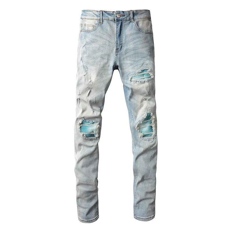 Title 1, Mens baby blue wash water worn patch torn jean...