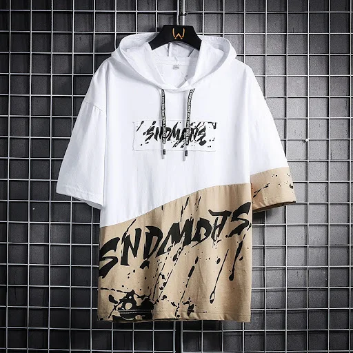 Title 2, Hooded Short Sleeved T Shirt Mens Loose Five P...