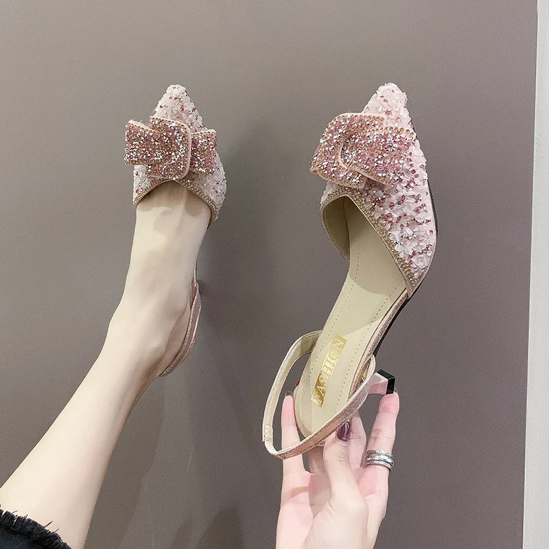 Rhinestone Bow Sandals with Pointed Toe Stiletto Heels, One-step Wind Hollow High Heels for Women, elevate your style ef — photo 3