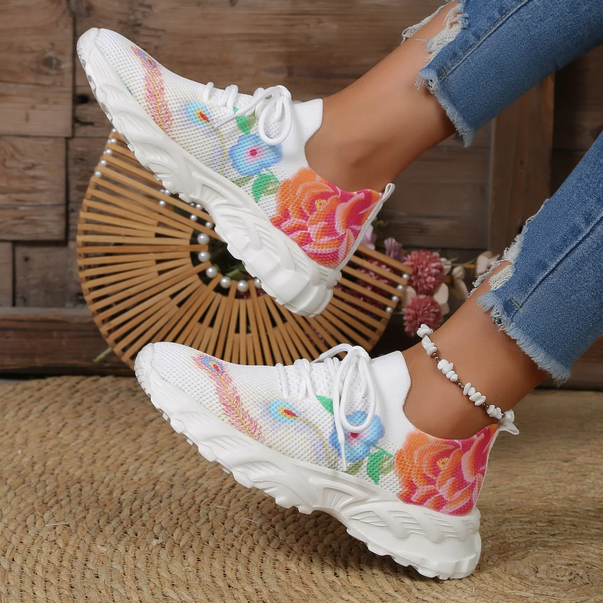 Casual Sneakers met Bloemen, Ademend Geweven Oppervlak, Zachte Zool, Lichtgewicht en Comfortabel voor Dagelijks Gebruik. — foto 19