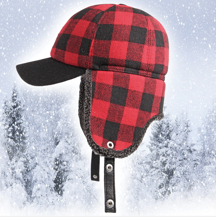 Boné de algodão grosso xadrez aveludado Plus para homens, proteção de ouvido, design moderno e ideal para o inverno. Conforto e estilo. — foto 3