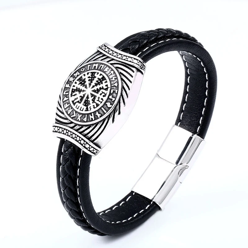 Title 1, Pulseira de couro masculina vintage de aço inox...