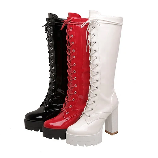 Title 15, Large size lacquered front lace-up thick heel b...