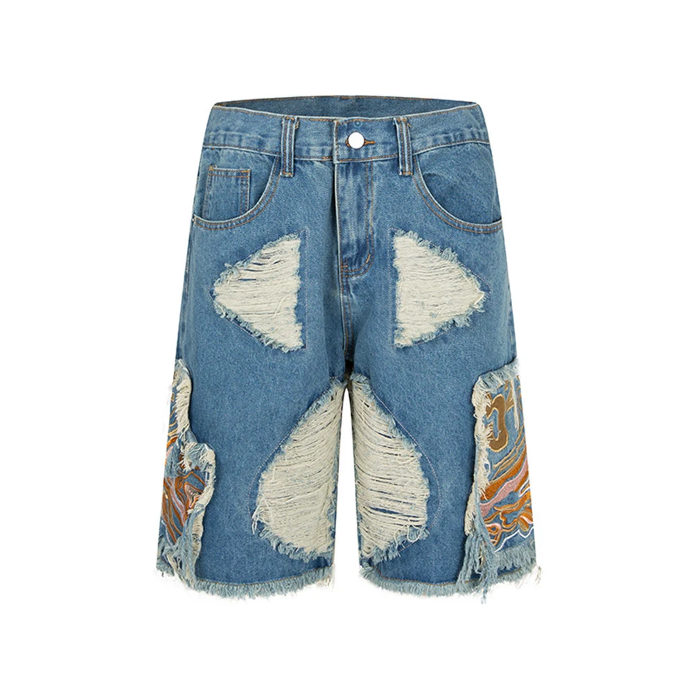 Title 2, Mens Heavy-duty Ripped Embroidered Denim Shorts