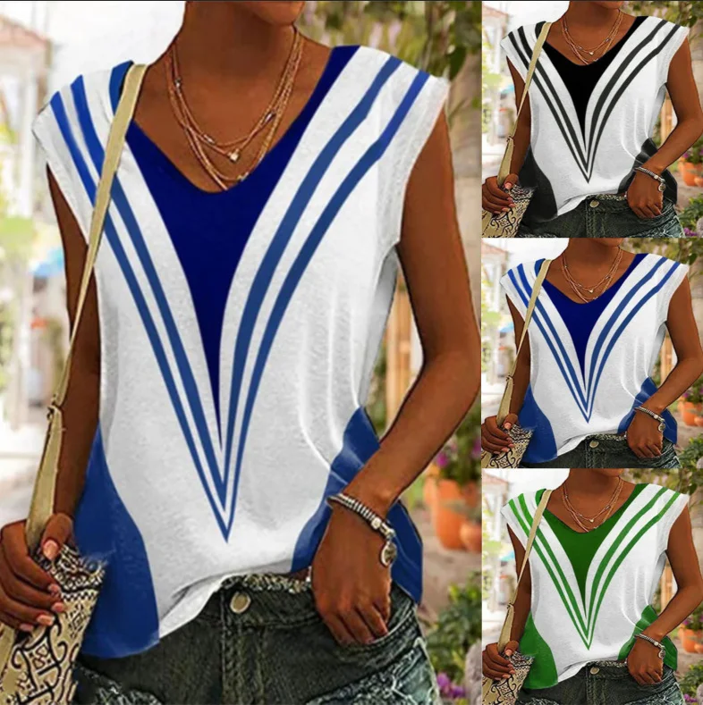V-neck casual loose striped printed short sleeve t-shirt offers comfort and style for everyday wear, a versatile additio — photo 7
