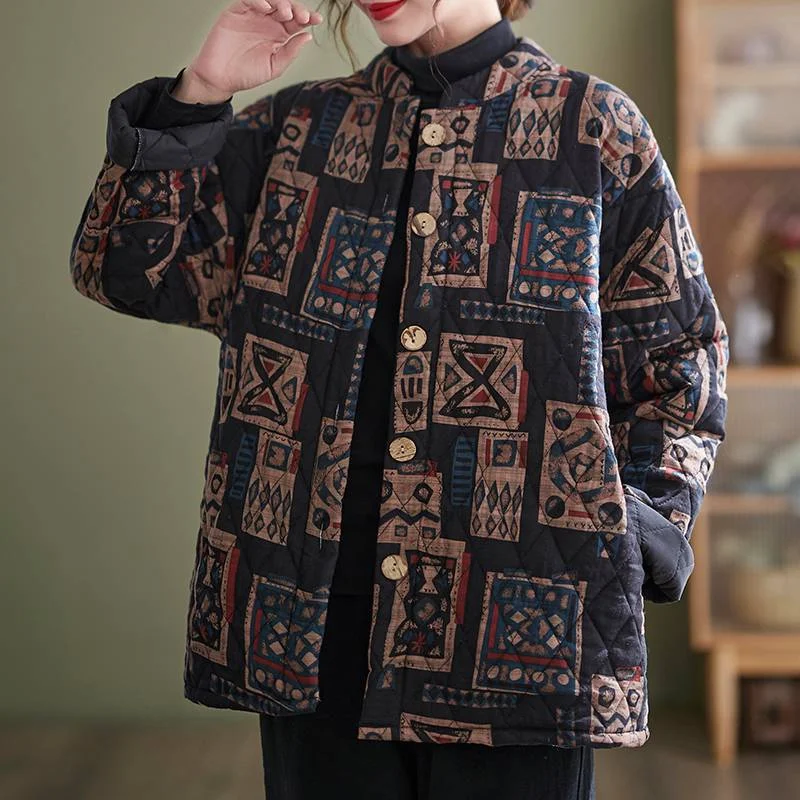 Ethnic Style Vintage Printed Quilted Stand Collar Jacket Winter Thick Cotton Coat for warmth, comfort and stylish winter — photo 7