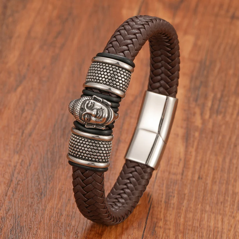 Title 4, Pulseira de couro Buda Sakyamuni com fecho magn...