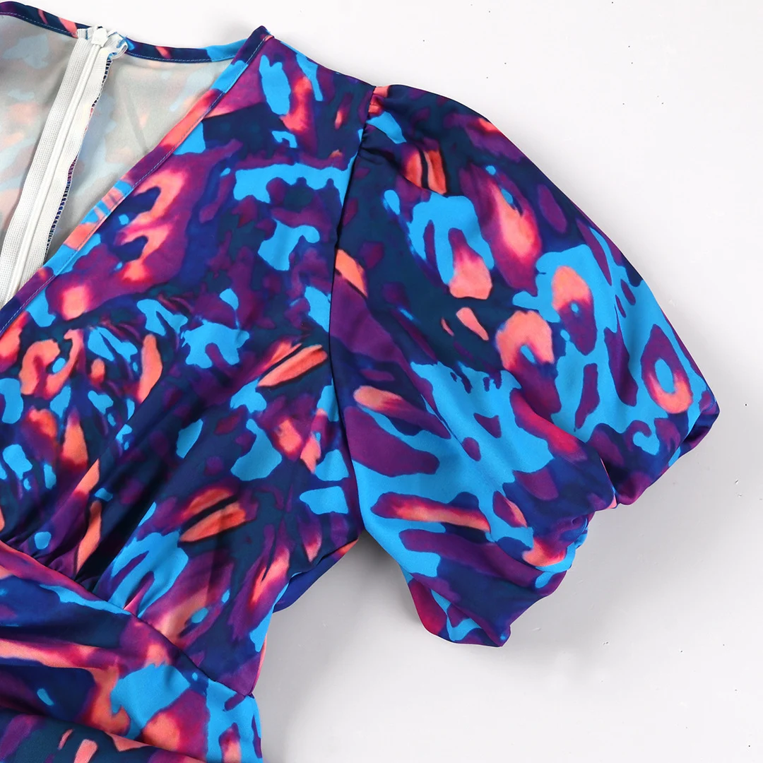 Title 9, Blue Printed V-neck Skinny Sheath Short Sleeve ...