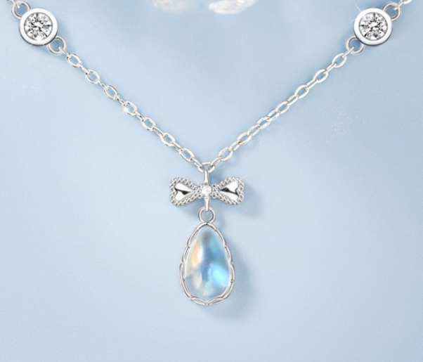 Colar feminino de prata esterlina S925 com pingente de pedra da lua. Joia de prata com corrente de clavícula, um presente ideal. — foto 7