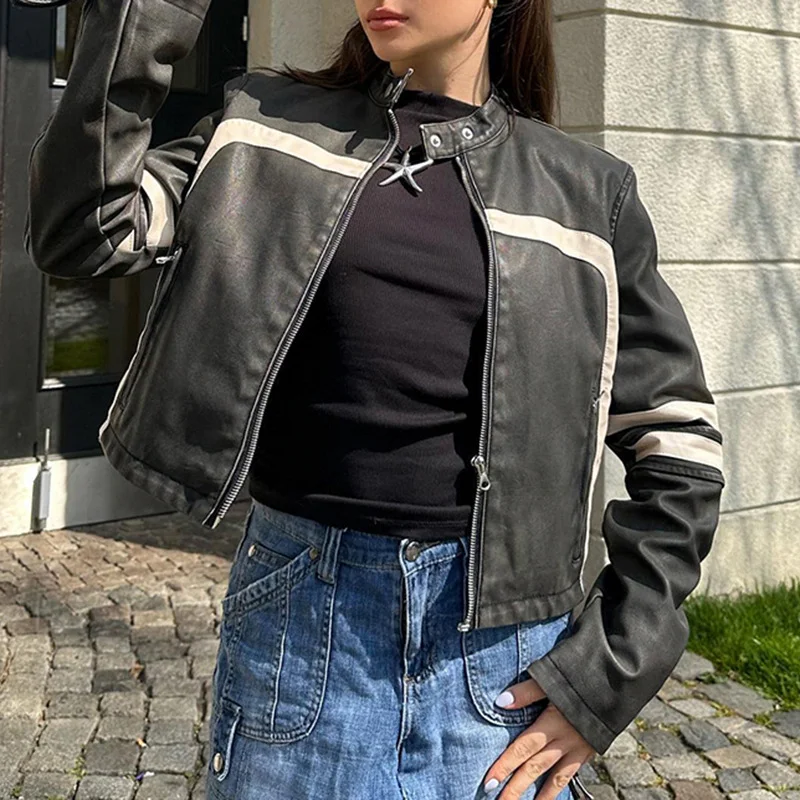 Women's Color Contrast Patchwork Loose Zip Leather Coat. Experience comfort and bold style with this fashionable and ver — photo 10