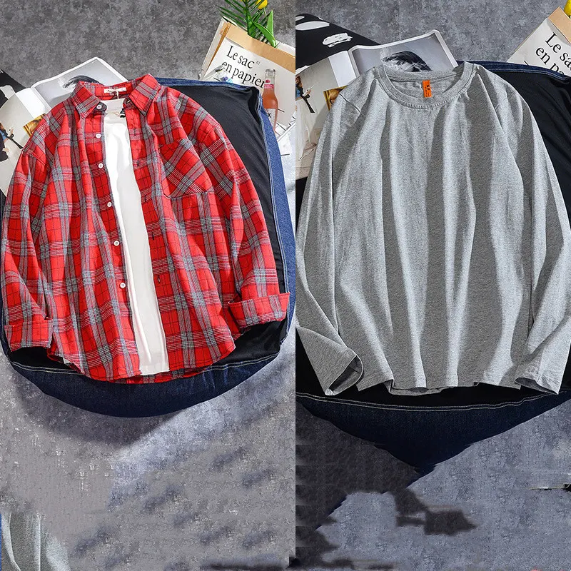 Camicia a quadri uomo manica lunga primavera e autunno stile Ins. Comoda e versatile, per un look casual e alla moda. Perfetta per ogni occasione. — foto 10