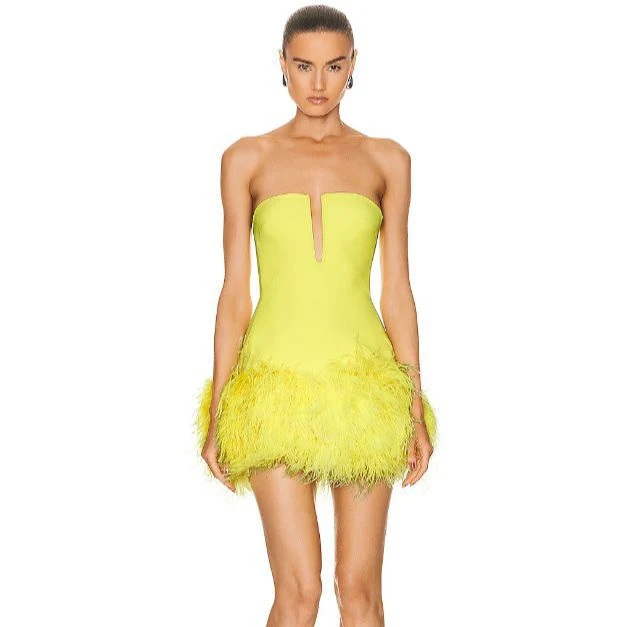 Title 18, Deep V Strapless Ostrich Feather Hip-Wrapped Sh...