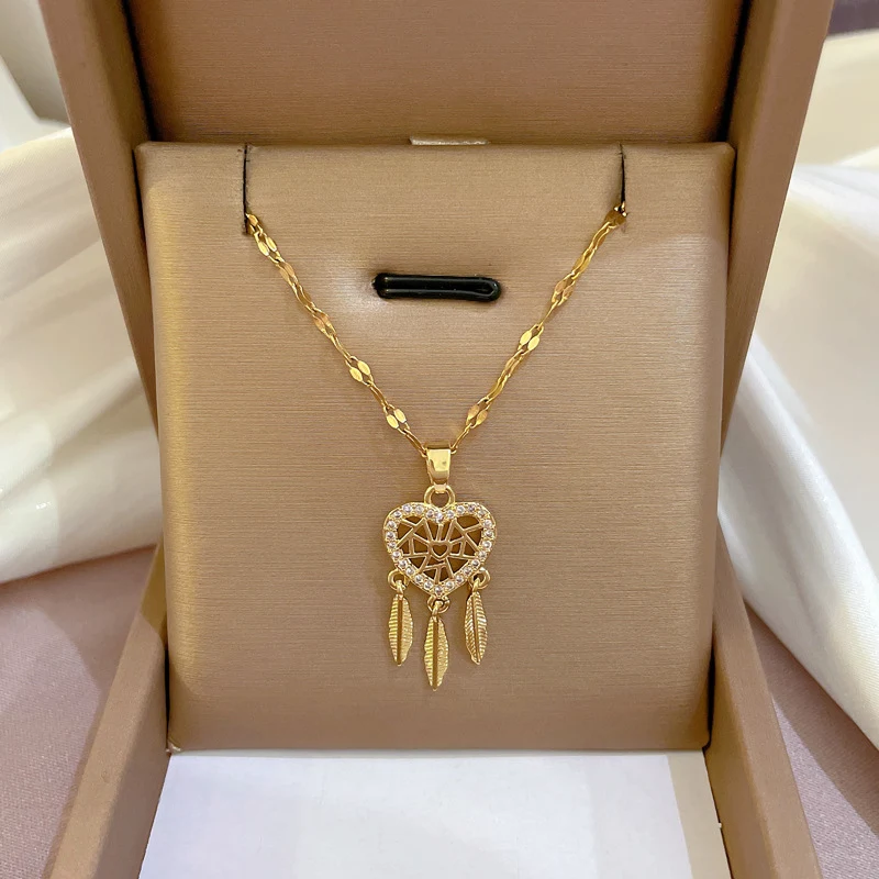 Title 4, Colar feminino de pena de ouro real com micro-i...