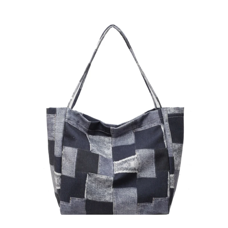 Bolsa Tote Feminina Grande de Denim com Detalhe Xadrez, Ideal para Lazer e Trabalho, Estilo Despojado, Perfeita para o Dia a Dia — foto 2