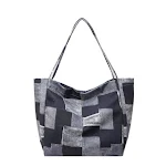 Bolsa Tote Feminina Grande de Denim com Detalhe Xadrez, Ideal para Lazer e Trabalho, Estilo Despojado, Perfeita para o Dia a Dia — foto 2