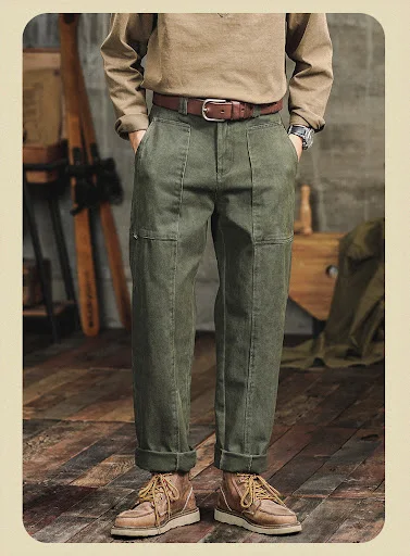 Title 14, Retro Vojničko Zelene Casual Pantalone Muške Ši...