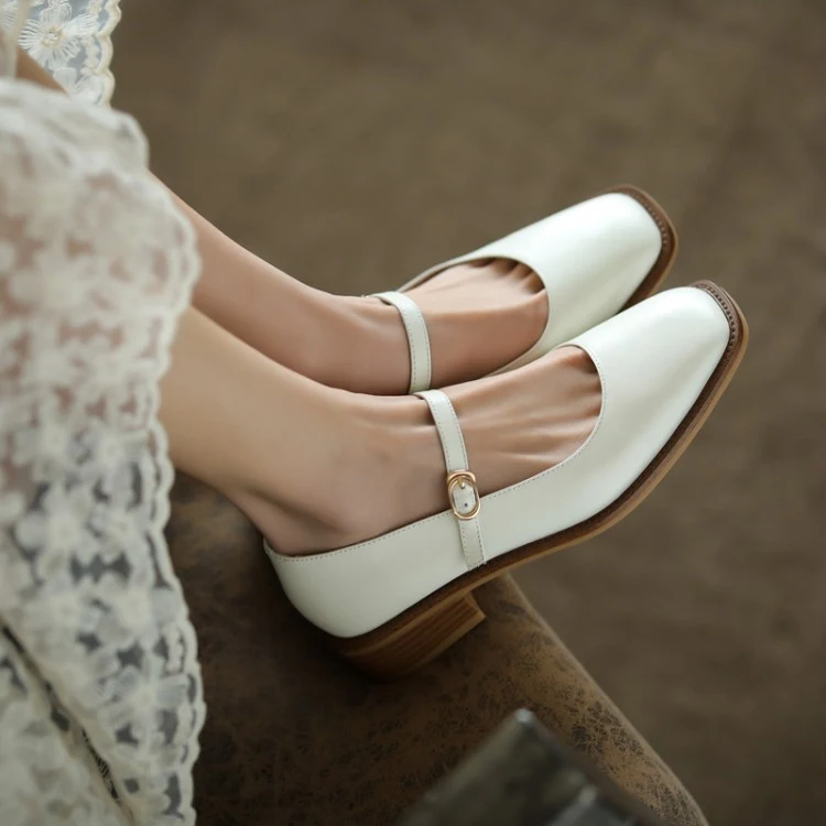 Sapatos femininos de salto grosso, salto médio, bico quadrado confortável, estilo retrô francês, salto baixo, couro pequeno, ideais para uso diário. — foto 1