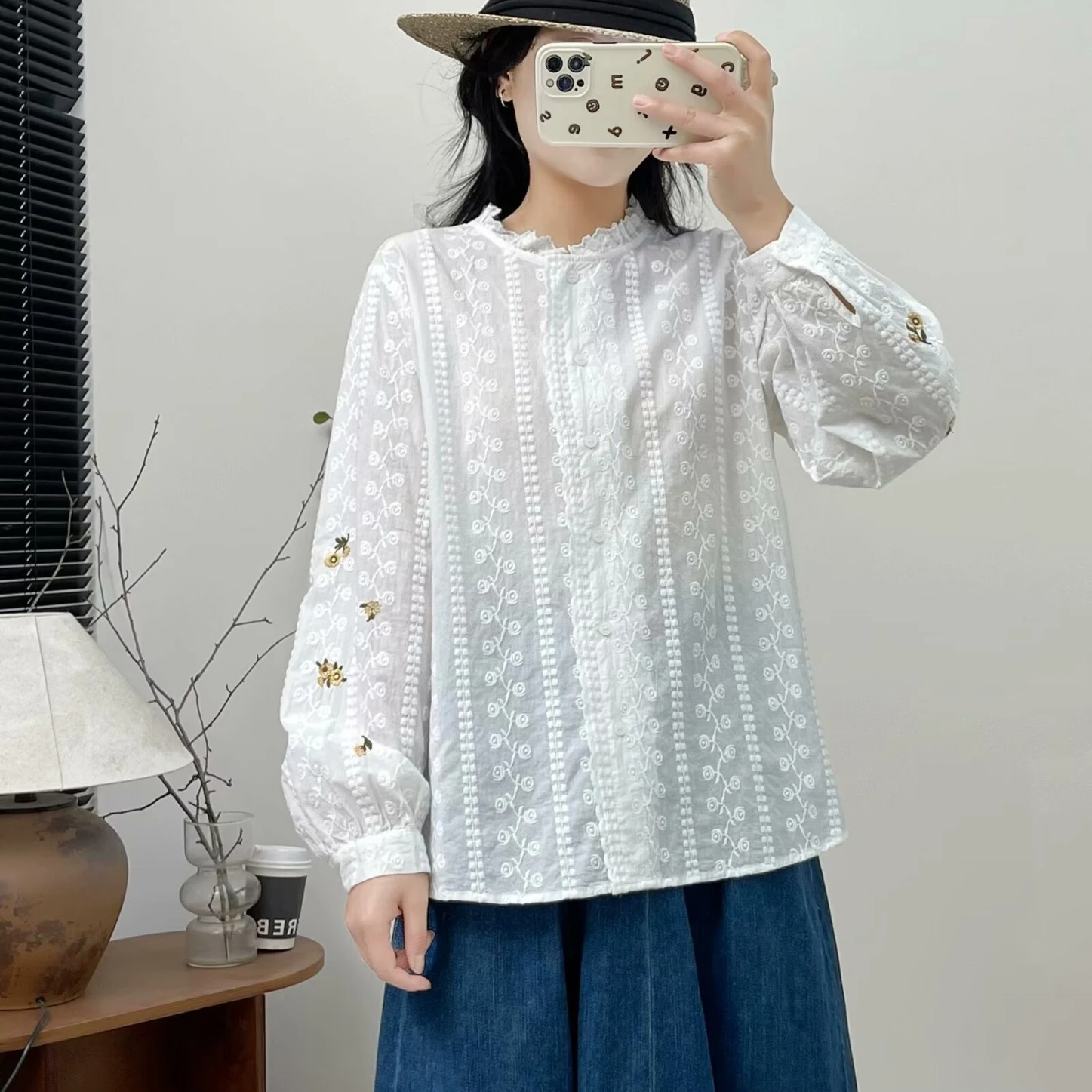 Japanese Style New Literary Solid Color Lace Long-sleeved Shirt — photo 11