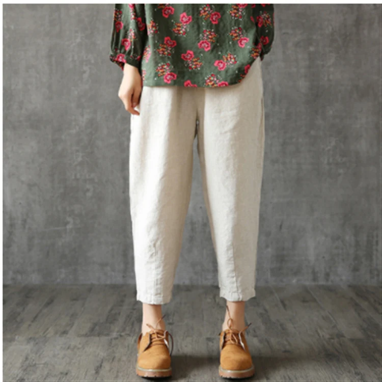 Luźne spodnie haremowe Nine Pants z lnu i bawełny, krój rzepy, casualowe i wygodne, idealne do codziennych stylizacji, oddychające i stylowe. — zdjęcie 9