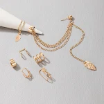 Conjunto de clipes de orelha com liga de folha e corrente, sem necessidade de furo, ideal para um visual estiloso e moderno, fácil de combinar e usar. — foto 3
