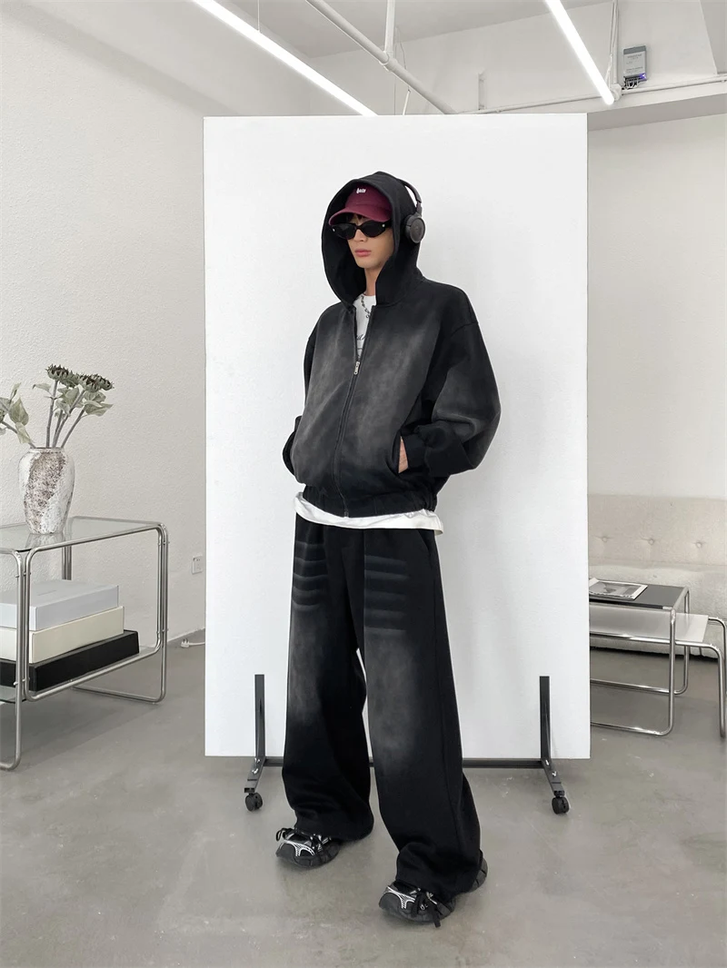 Men's Retro Distressed Hooded Cardigan Sweater and Wide Leg Mopping Sweatpants, perfect for casual style and all-day com — photo 6