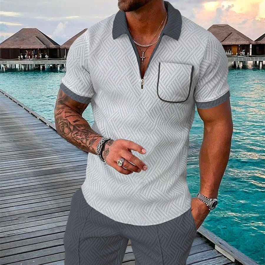 Conjunto Camisa Hombre Verano Estampado 3D Manga Corta Geométrica Cierre Solapa con Cremallera. Frescura y estilo moderno para el calor. — foto 2