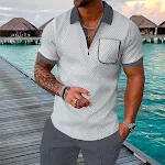 Conjunto Camisa Hombre Verano Estampado 3D Manga Corta Geométrica Cierre Solapa con Cremallera. Frescura y estilo moderno para el calor. — foto 2