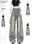 Calça Jeans Retro de Trabalho Feminina Cintura Alta Bolsos Largos Perna Ampla Calça Mop Confortável e Elegante para o Trabalho e Lazer. — foto 1