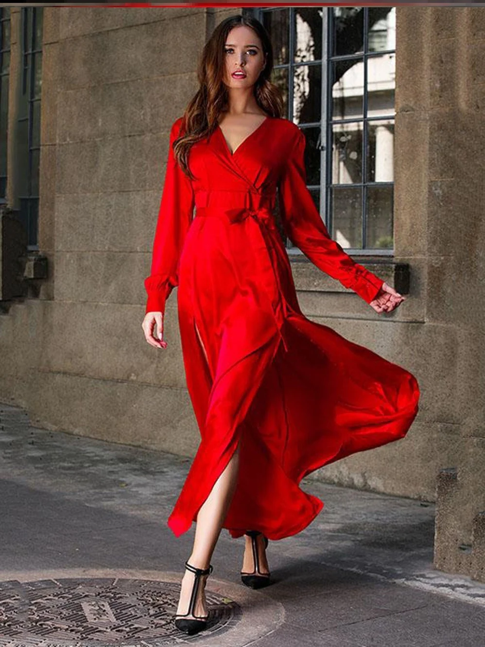Elegant Dress with Long Sleeves, V-neck, and Split Long Skirt. Perfect for formal events, offering a sophisticated and s — photo 3