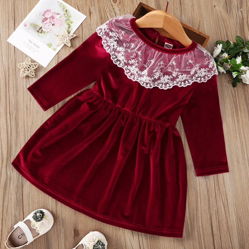 Title 8, Vestido Infantil Manga Longa Gola Renda Vermelh...