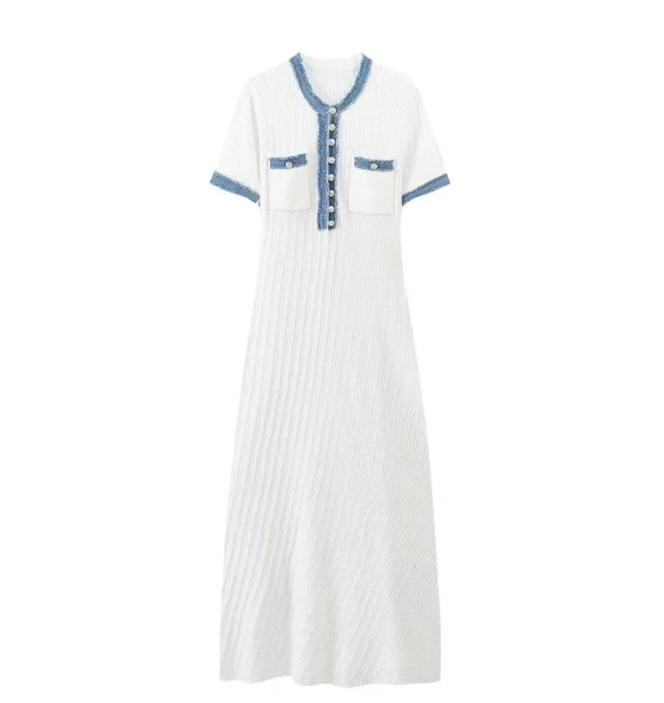 Title 7, Denim Patchwork Knitting Tight Short Sleeve Dress