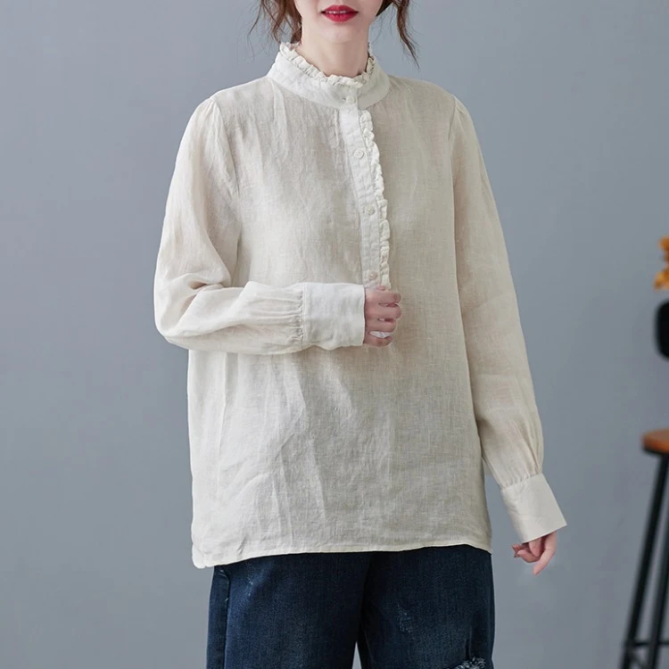Title 1, Art Retro Cotton And Linen Shirt Plus Size Ladi...