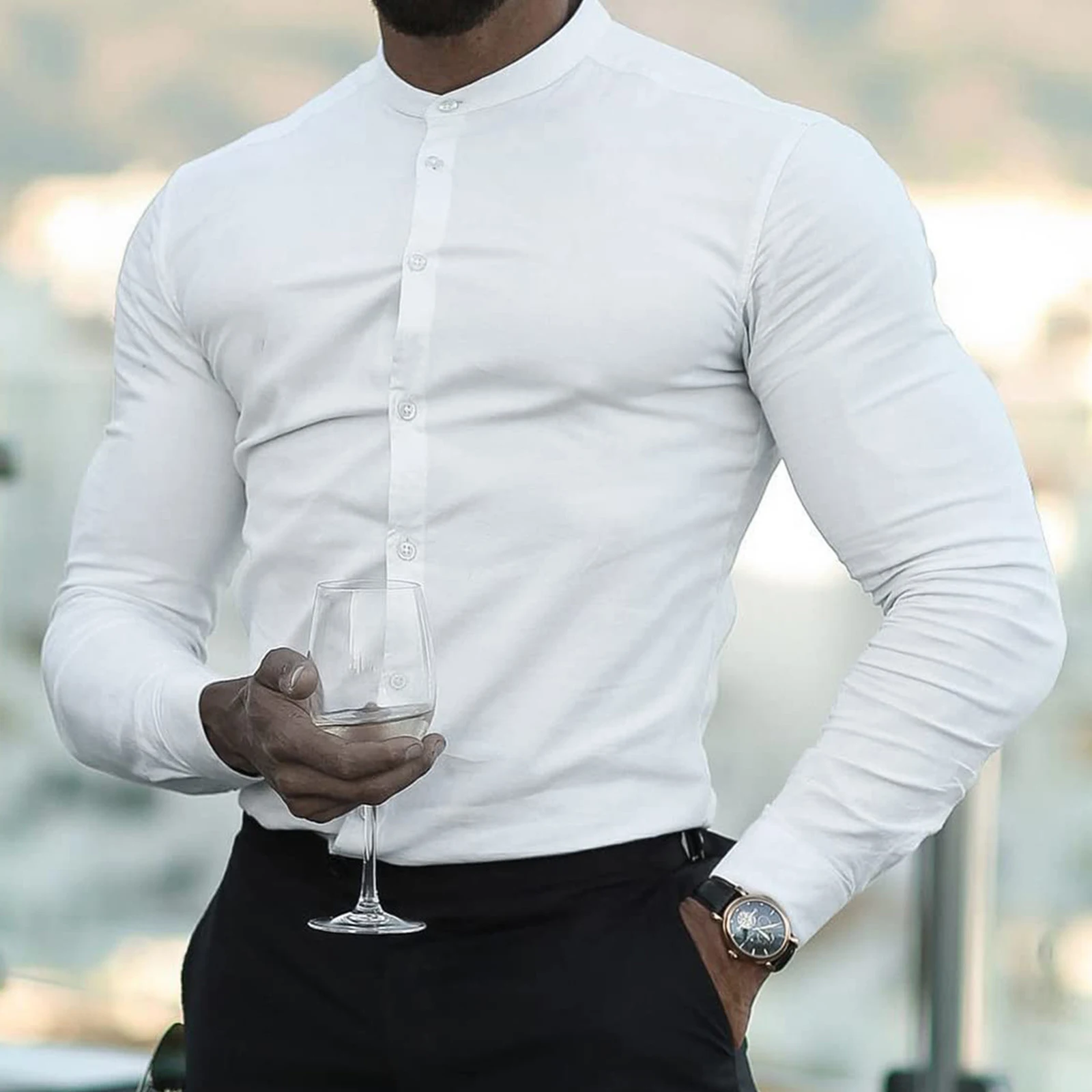 Men's Solid Color Sports Casual Cardigan, Slim-fit, Micro-elastic, Long-sleeved Button Shirt provides comfort, style, an — photo 5