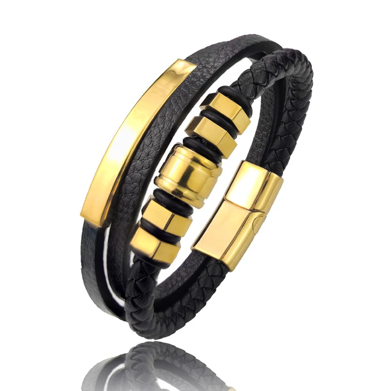Pulseira de couro com cordão e aço inoxidável hexagonal de 3 cores, um acessório moderno e elegante para um visual sofisticado e estiloso. — foto 5