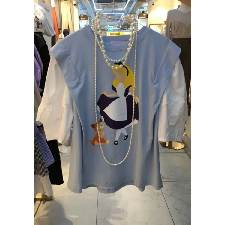 Cartoon Print Round Neck Lantern Sleeve Sweet Fake Two-piece Short-sleeved T-shirt Top — photo 6