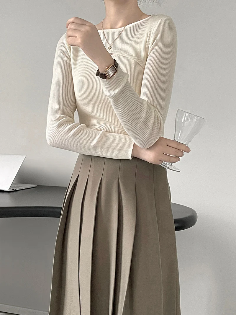 Title 4, Hollow Crew Neck Knit Womens Design Long Sleev...