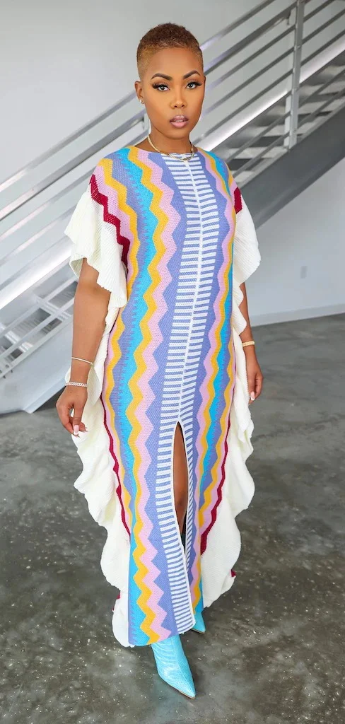 Title 9, Womens Ruffled Knitted Striped Slit Long Skirt