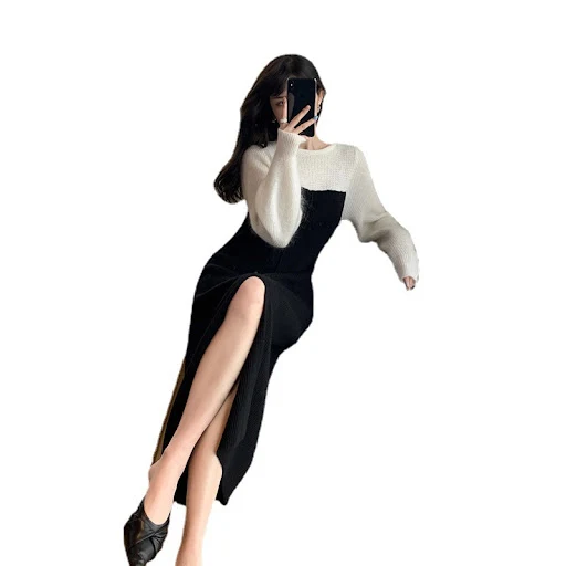 Title 2, Fashionable Temperament Black Knitted Dress for...